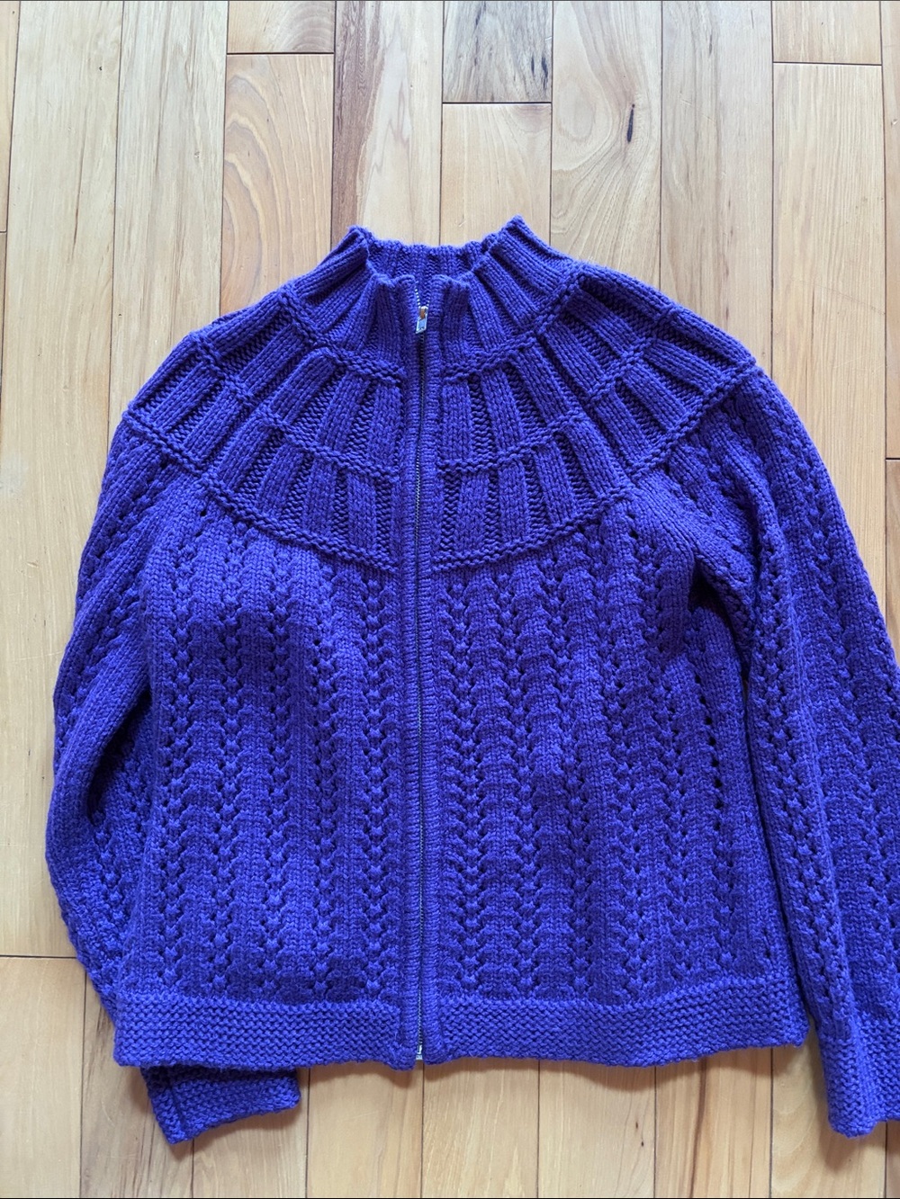 Full zip higher neck open knit sweater